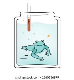 Vector Illustration Boiling Frog in a glass jar effect, gradually slowly ebullience water, psychological metaphoric concept of long-suffering syndrome