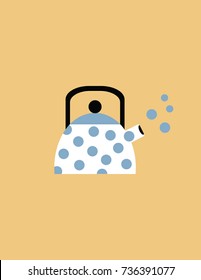 Vector illustration of a boiling white tea kettle with blue dots on yellow background