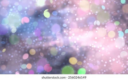 Vector illustration with bokeh effect, made in soft lilac and blue tones. Many glowing particles of different sizes create the atmosphere of a starry sky or magical glow.