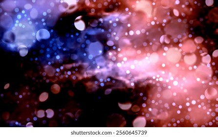 Vector illustration with bokeh effect, made in soft lilac and blue tones. Many glowing particles of different sizes create the atmosphere of a starry sky or magical glow.