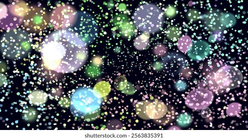 Vector illustration with bokeh effect, made in soft lilac and blue tones. Many glowing particles of different sizes create the atmosphere of a starry sky or magical glow.