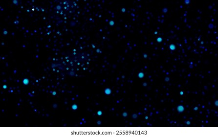 Vector illustration with bokeh particles on a dark background. Bright blue and blue glowing dots create an atmosphere of depth and mysticism. Bokeh elements are scattered chaotically, adding dynamics 