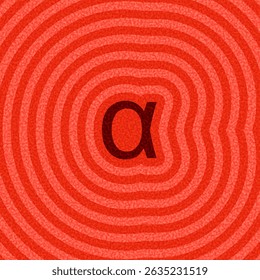 Vector illustration of a bold alpha symbol centered in concentric ripple waves with a textured red color scheme.