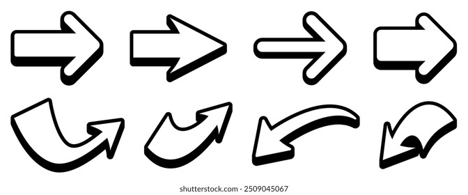 Vector illustration of bold black arrows, featuring both curved and straight designs, ideal for navigational use.