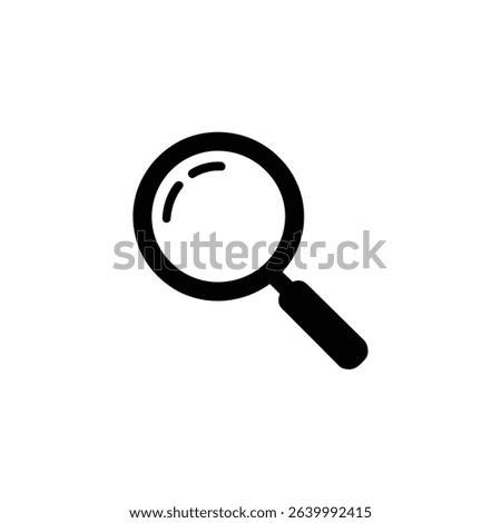 Vector illustration of a bold, black magnifying glass icon against a clean, white backdrop. Symbolizing search, research, zoom functionality, and general investigation.