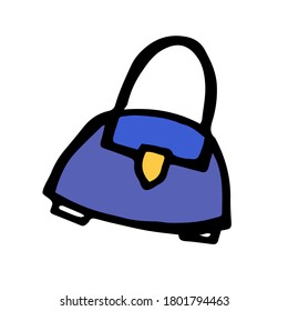 Vector illustration of bold black outline blue female handbag isolated on white background. hand drawn vector. doodle clothes and accessories for kids, clipart, sticker, poster, banner, advertisement.