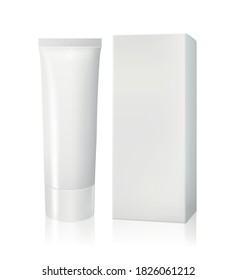 Vector illustration of a bold blank white tube and box isolated on white background. Mock-up for cosmetic cream, oil, shampoo, scrub or gel.