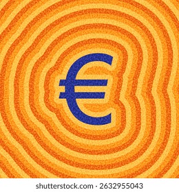 Ilustración vectorial de un audaz signo de euro azul centrado en patrones de ondas concéntricas con textura naranja en un diseño vibrante.