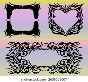 Vector illustration with bold cyber sigilism shapes: a rectangular frame, heart motif, and ornate border on pastel gradients. Features futuristic Y2K style, popular in current digital design.