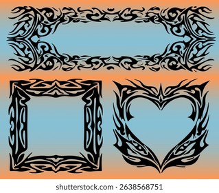 Vector illustration with bold cyber sigilism shapes: a rectangular frame, heart motif, and ornate border on pastel gradients. Features futuristic Y2K style, popular in current digital design.