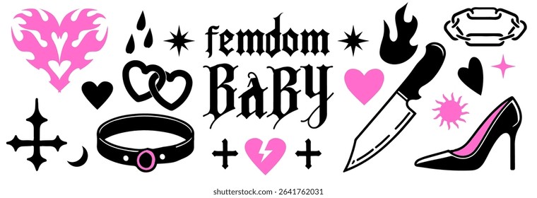 Vector illustration in bold line modern Y2K tattoo style, with black and vibrant pink colors. It shows hearts, crosses, collar, shoe, flames echoing up-to-date alt and pop trends.