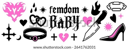 Vector illustration in bold line modern Y2K tattoo style, with black and vibrant pink colors. It shows hearts, crosses, collar, shoe, flames echoing up-to-date alt and pop trends.