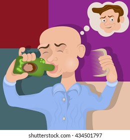 Vector illustration of a bold man drinking a miracle hair-grown cure, or lotion against baldness