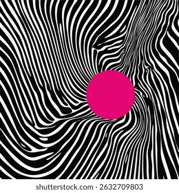Vektorgrafik mit einer kräftigen rosafarbenen Kugel auf dynamischem, schwarz-weißem, wellenförmigem Hintergrund. Optischer Illusionseffekt erzeugt ein modernes, eindrucksvolles und lebendiges abstraktes Bild.