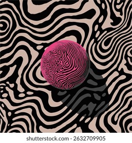 Vector illustration with a bold pink sphere on a dynamic black and brown wavy striped background. Optical illusion effect creates a modern, striking, and vibrant abstract visual.