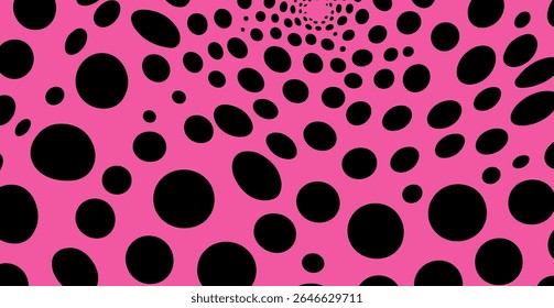 Ilustração vetorial em estilo pop art arrojado: girando pontos pretos de tamanhos variados em um fundo rosa vivo, formando um efeito hipnótico, de ilusão ótica.