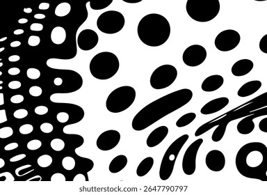 Ilustração vetorial em estilo pop art em negrito: girando pontos pretos de tamanhos variados em um fundo branco, formando um efeito hipnótico, de ilusão ótica.