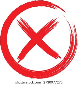 Vektorgrafik eines fett roten "X", umschlossen von einem grob gemalten roten Kreis. Mit ausdrucksstarkem Pinselstrich, um Fehler, Ablehnung, Verbot oder Ablehnung zu vermitteln. Ideal für UI-Warnungen, Warnzeichen, visuelles Feedback und Grafikdesign.