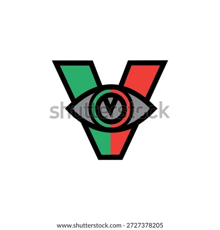Vector illustration of a bold, stylized letter "V" split into green and red halves, featuring a central eye motif with a smaller "V" inside the pupil.