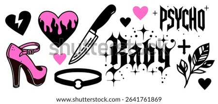Vector illustration in bold tattoo-inspired style. Features hearts, knife, platform shoe, collar, leaves, stars, and gothic-type text, fitting current alt-pop graphics.