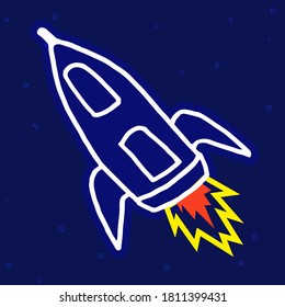 vector illustration of bold white outline rocket isolated on night background. hand drawn vector. modern scribble for kids, education, sticker, clip art, mascot, logo, poster, banner. space background