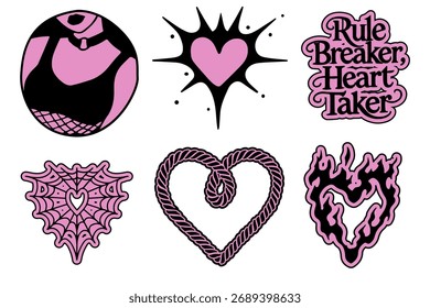 Ilustração vetorial em negrito estilo pop art Y2K apresenta seis ícones gráficos em rosa e preto: um sutiã, um coração estourado, uma citação "Rule Breaker Heart Taker", uma teia de aranha, uma corda e um coração flamejante.