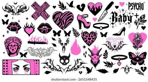 Vector illustration in bold Y2K and tattoo style, featuring gothic and alternative themes. Uses pink, black, and white, with motifs like hearts, butterflies, flames, lips, shoes, eyes, and knives.