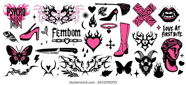 Ilustração vetorial em negrito estilo tatuagem Y2K, misturando motivos góticos e alternativos. O conjunto grande inclui corações, borboletas, lábios, sapatos, chamas, estátua, cabra, faca, frases com letras. 