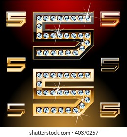 Vector illustration of boldest golden letters with shining diamonds. Character 5
