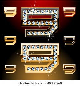 Vector illustration of boldest golden letters with shining diamonds. Character 9