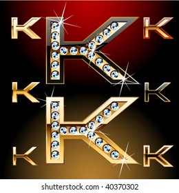 Ilustración vectorial de las letras doradas más audaces con diamantes brillantes. Carácter k