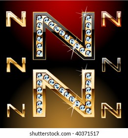 Vector illustration of boldest golden letters with shining diamonds. Character n
