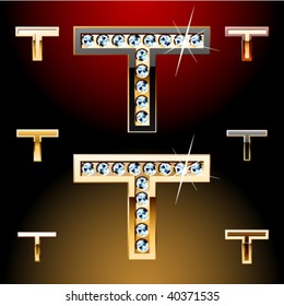 Vector illustration of boldest golden letters with shining diamonds. Character t