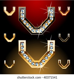 Ilustración vectorial de las letras doradas más audaces con diamantes brillantes. Carácter v
