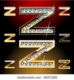 Ilustração vetorial das letras douradas mais ousadas com diamantes brilhantes. Caractere z