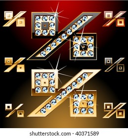 Ilustración vectorial de las letras doradas más audaces con diamantes brillantes. Símbolo porcentual