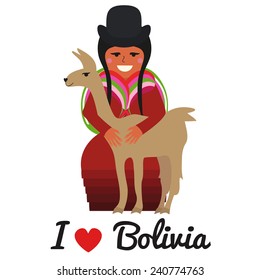 Vector illustration of bolivian woman with cute lama. 