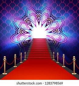 Vector illustration of Bollywood red carpet event with flower mandala round ornament and lighting background, cinema template