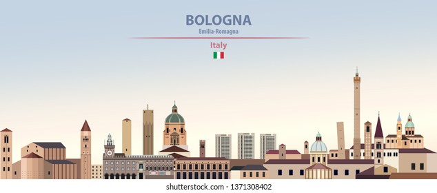 Vector illustration of Bologna city skyline on colorful gradient beautiful day sky background with flag of Italy