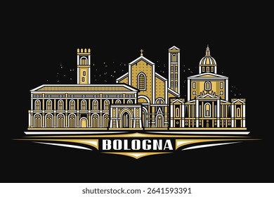 Vector illustration of Bologna, dark horizontal card with linear design bologna city scape on nighttime starry sky background, european urban line art concept with unique lettering for text bologna