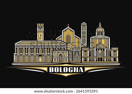 Vector illustration of Bologna, dark horizontal card with linear design bologna city scape on nighttime starry sky background, european urban line art concept with unique lettering for text bologna