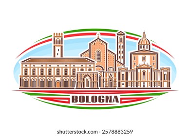 Vector illustration of Bologna, horizontal decorative sign with linear design famous bologna city scape on day sky background, historical urban line art concept with unique lettering for text bologna