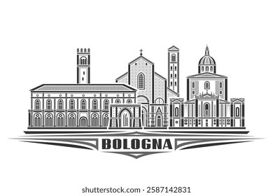 Vector illustration of Bologna, monochrome horizontal card with linear design bologna city scape, historical urban line art concept with decorative lettering for dark text bologna on white background