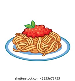 Vector illustration with bolognese pasta on a white plate with a portion of minced meat sauce and tomatoes. Spaghetti in cartoon style.