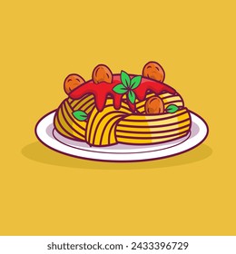 Vector illustration with bolognese pasta on a white plate with a portion of minced meat sauce and tomatoes. Spaghetti in cartoon style.