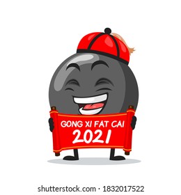 ilustración vectorial del personaje de la bomba de la mascota con desplazamiento rojo y dice feliz año nuevo chino 2021