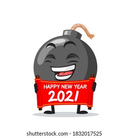 vector illustration of bomb character of mascot holding red scroll and say happy new year