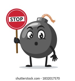 ilustración vectorial del carácter de bomba de la señal de sujeción de mascota dice stop