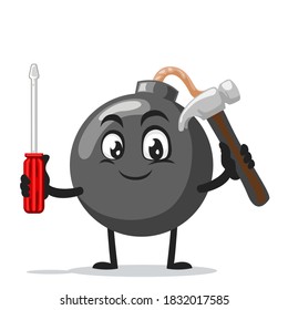 vector illustration of bomb character of mascot holding hammer and screwdriver