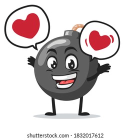 Vektorgrafik von Bombencharakter von Maskottchen sagt mit Liebe in Blasensprache